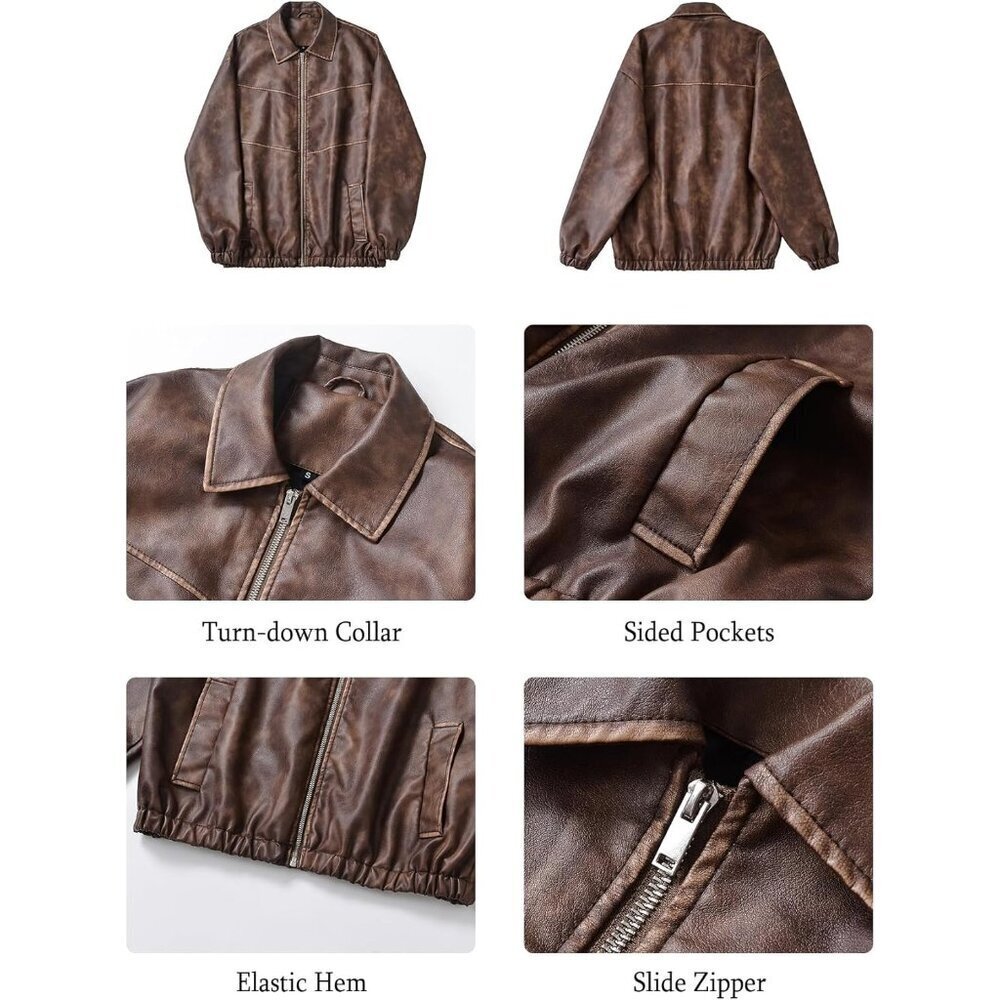 Women's Brown 2 Faux Leather Lapel Collar Zip Up Long Sleeve Short Coat Jacket - Picture 6 of 7